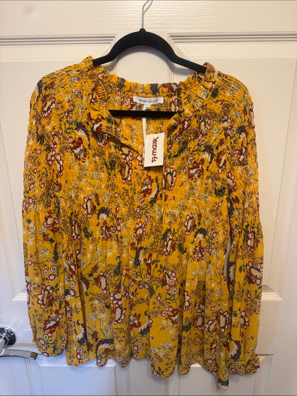 Rose & Olive Yellow Floral Smocked V-Neck Blouse